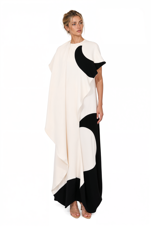 Valentino Asymmetric Draped Graphic Maxi Gown in Ivory & Black