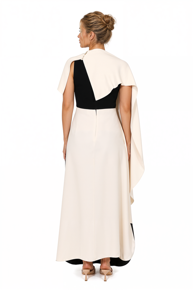 Valentino Asymmetric Draped Graphic Maxi Gown in Ivory & Black