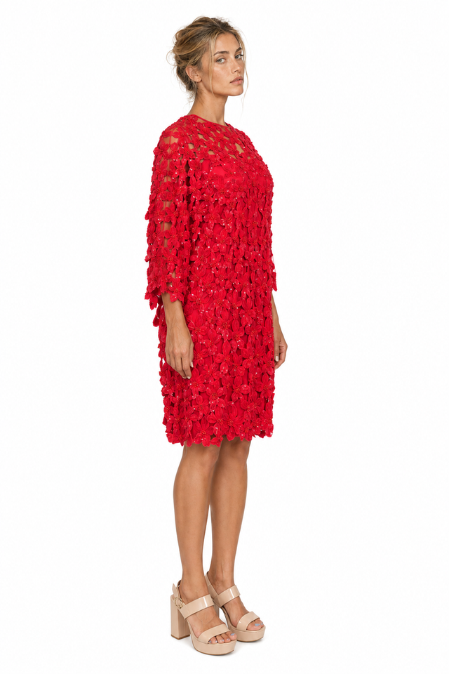 Valentino Red Floral Lace Mini Dress