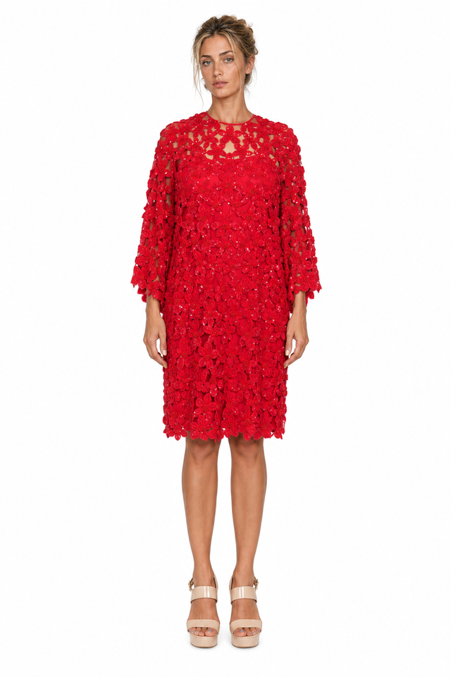 Valentino Red Floral Lace Mini Dress