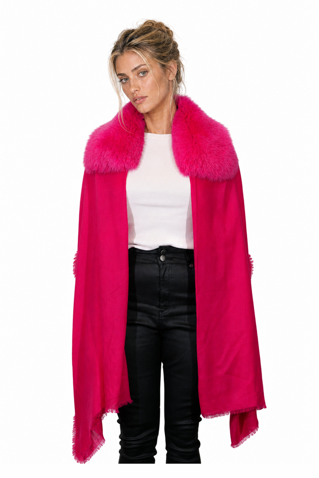 Valentino fuchsia pink wool-cashmere fringe cape wrap with fox fur collar