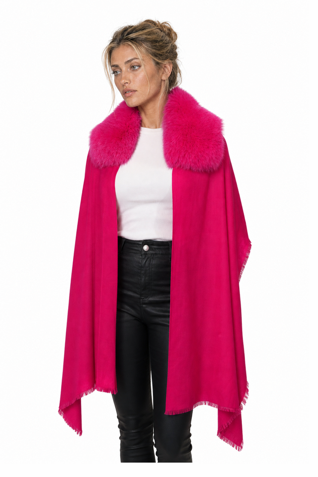 Valentino fuchsia pink wool-cashmere fringe cape wrap with fox fur collar