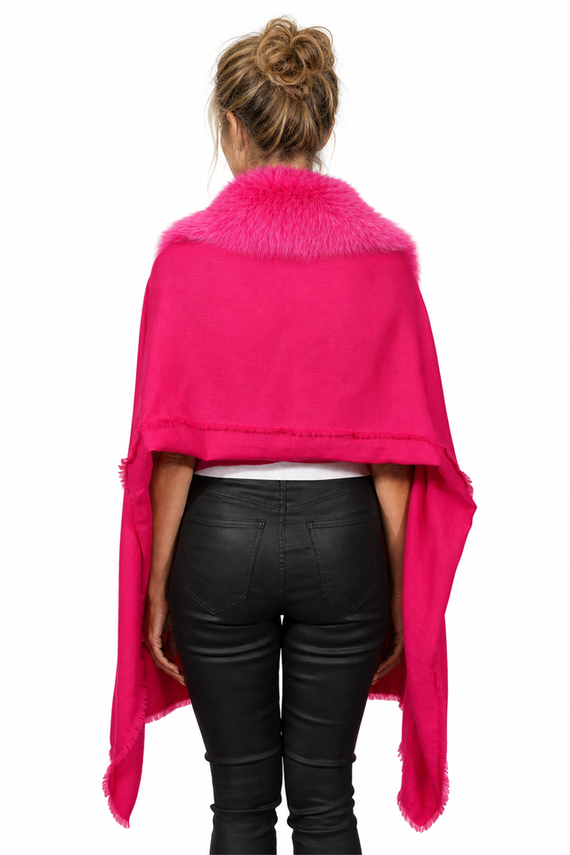 Valentino fuchsia pink wool-cashmere fringe cape wrap with fox fur collar