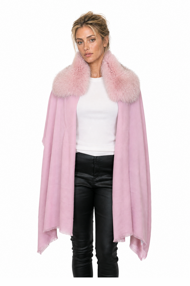 Valentino fuchsia pink wool-cashmere fringe cape wrap with fox fur collar