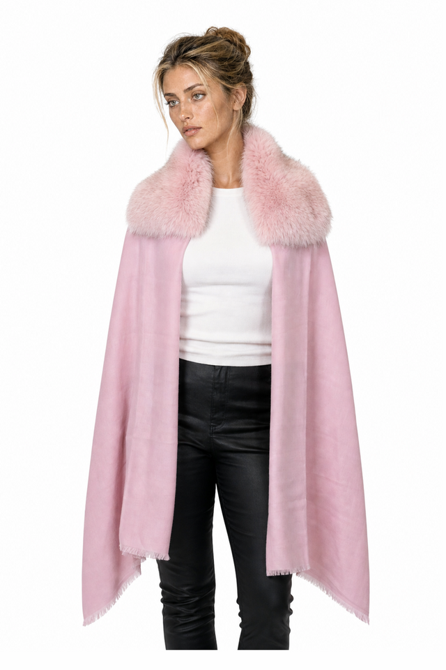 Valentino fuchsia pink wool-cashmere fringe cape wrap with fox fur collar