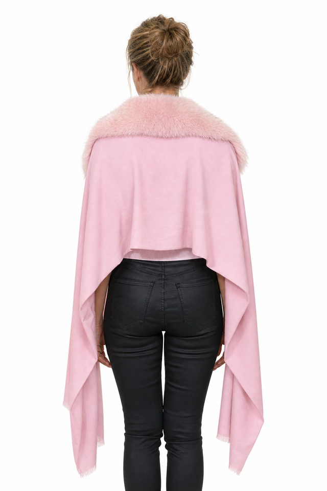 Valentino fuchsia pink wool-cashmere fringe cape wrap with fox fur collar
