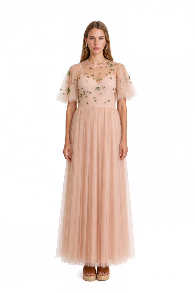 Valentino blush pink embellished tulle flutter-sleeve gown