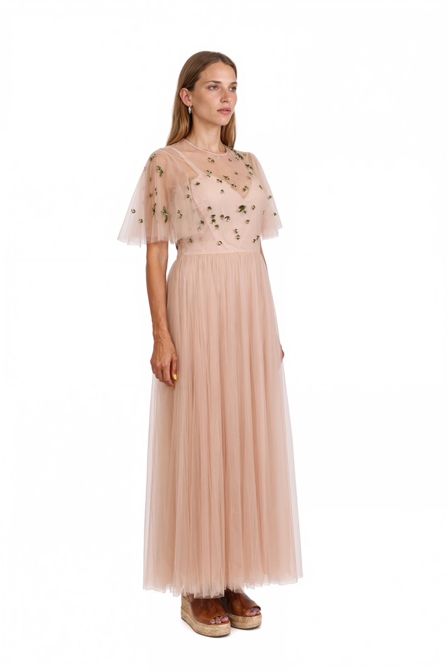 Valentino blush pink embellished tulle flutter-sleeve gown