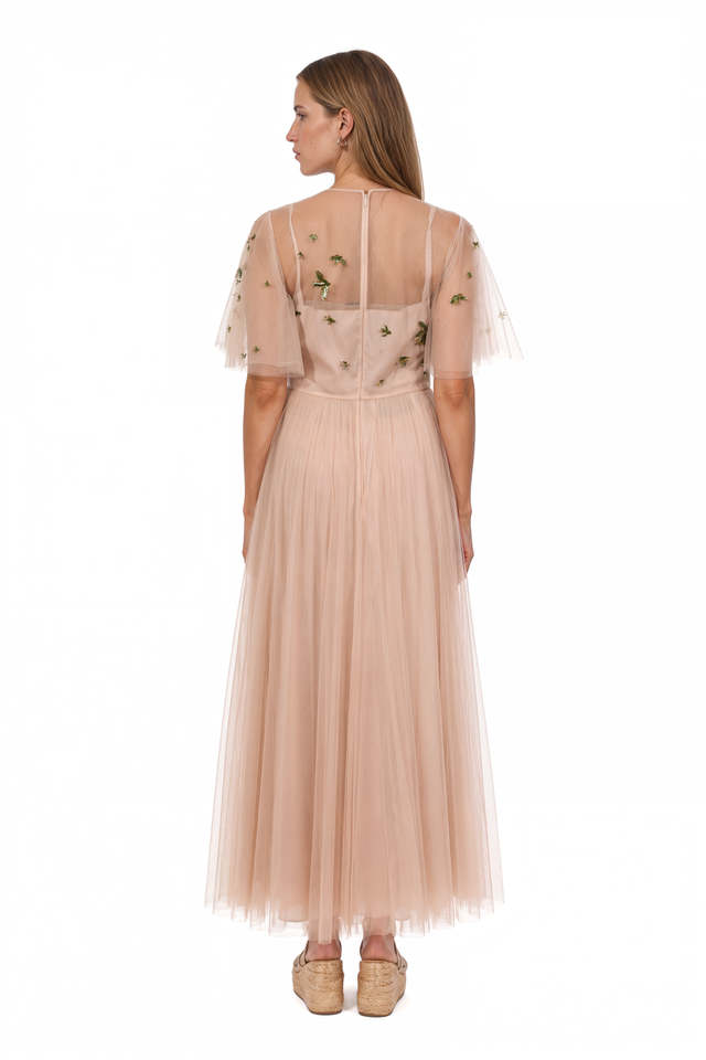 Valentino blush pink embellished tulle flutter-sleeve gown