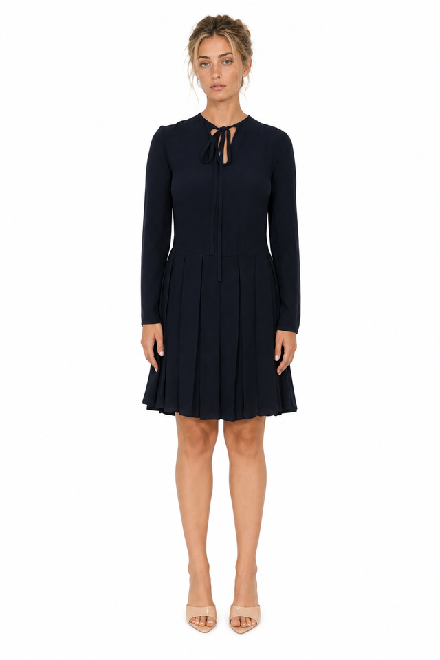 Valentino Keyhole Tie-Neck Pleated Silk Mini Dress