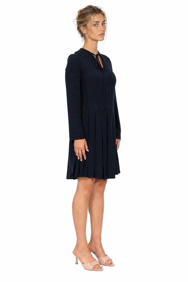 Valentino Keyhole Tie-Neck Pleated Silk Mini Dress