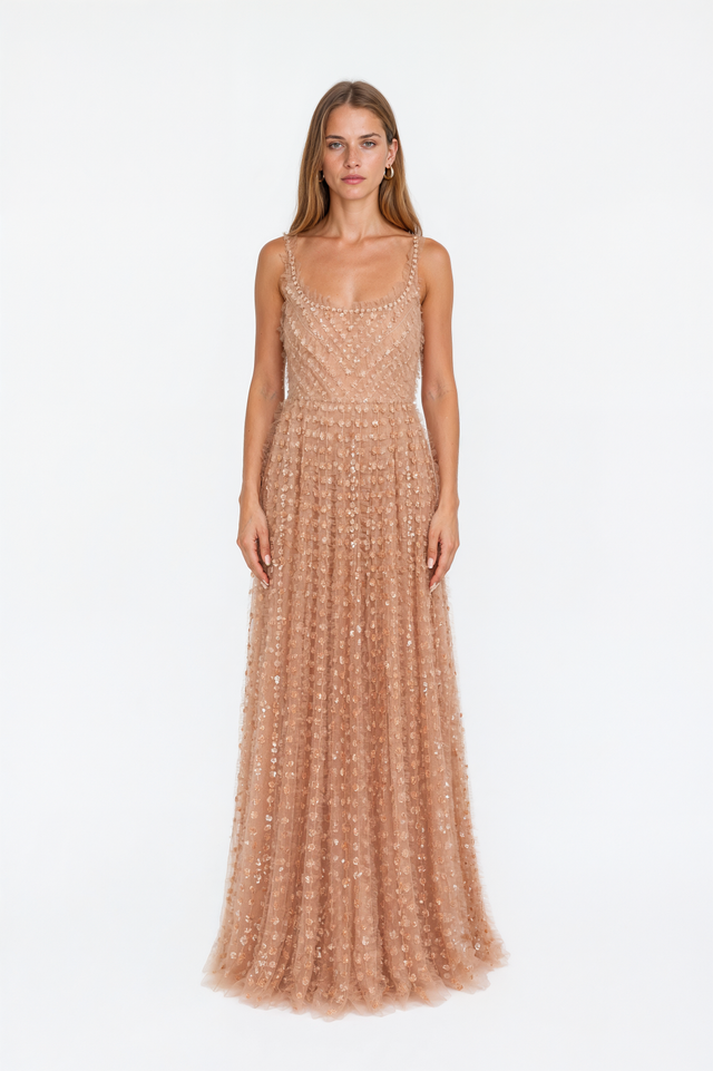 Valentino rose tulle gown with three-dimensional sequin florets and scoop neckline – front view