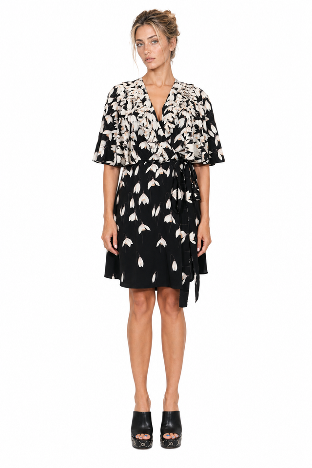 Valentino Floral Printed Silk Flutter-Sleeve Wrap Mini Dress