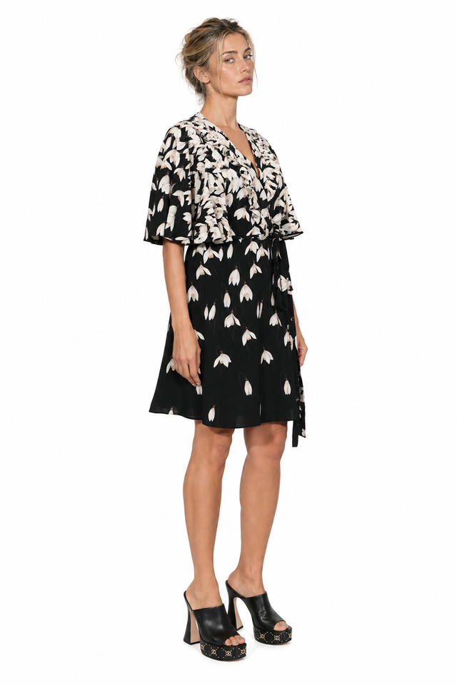 Valentino Floral Printed Silk Flutter-Sleeve Wrap Mini Dress
