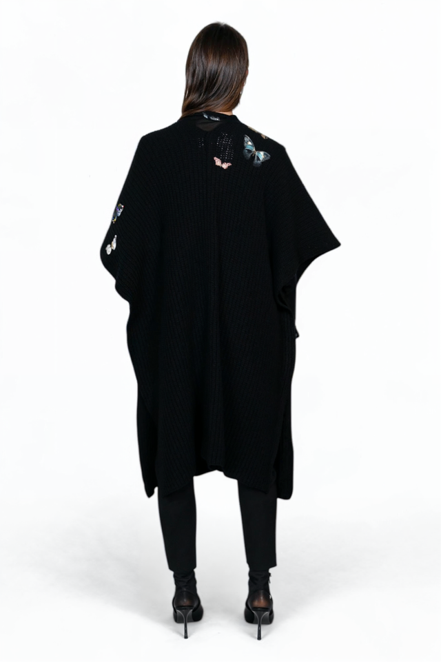 Valentino Black Wool Cape with Embroidered Butterflies