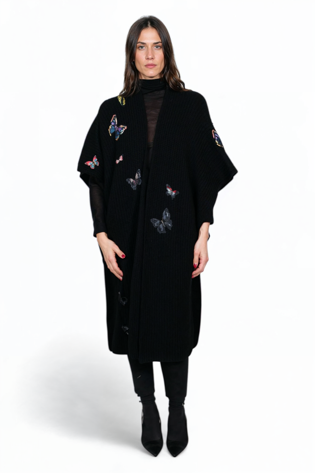 Valentino Black Wool Cape with Embroidered Butterflies