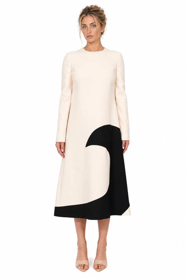 Valentino Two-Tone Wave-Appliqué Wool-Silk Midi Dress