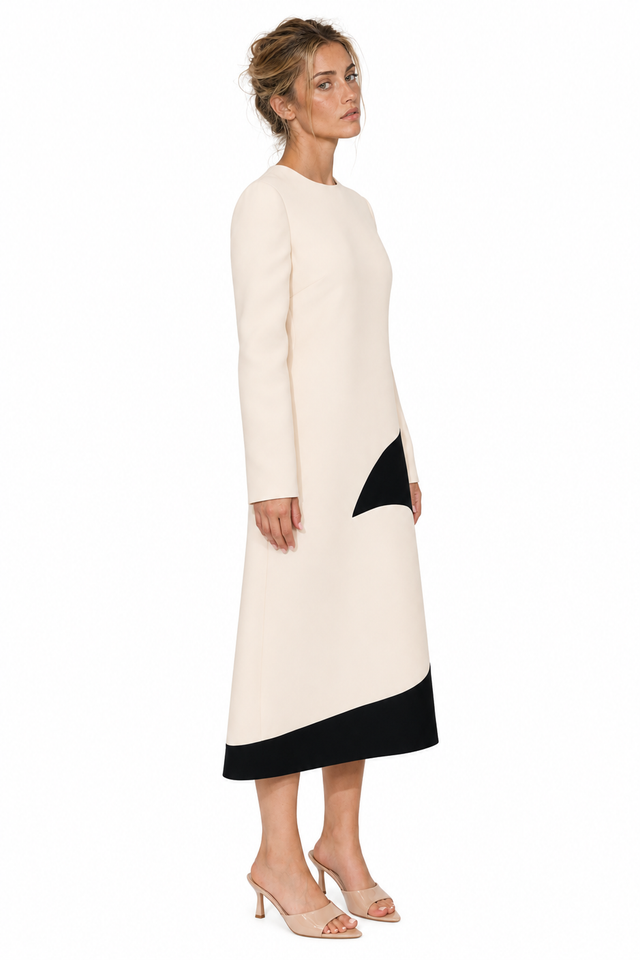 Valentino Two-Tone Wave-Appliqué Wool-Silk Midi Dress