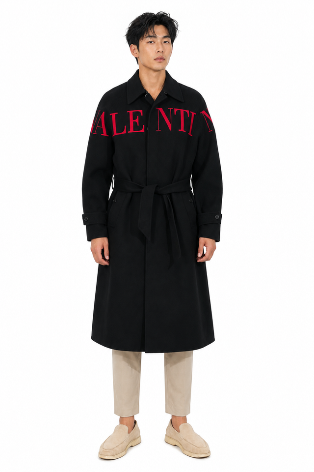 Valentino Red Logo Embroidered Belted Wool Coat