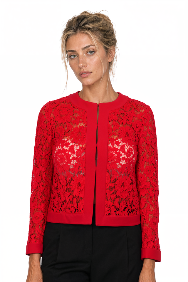 Valentino Cropped Lace Evening Jacket in Red