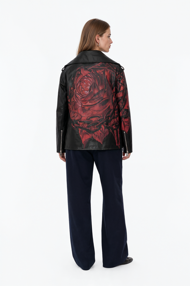Back view of a Valentino black leather biker jacket