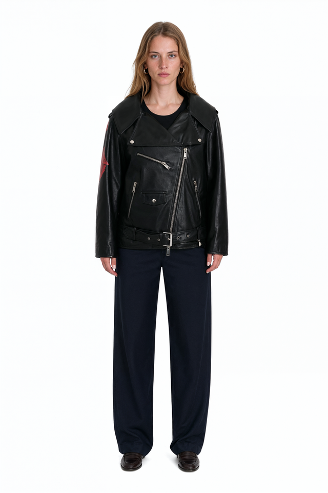 Valentino black leather biker jacket with oversized collar and buckled waist belt – front view