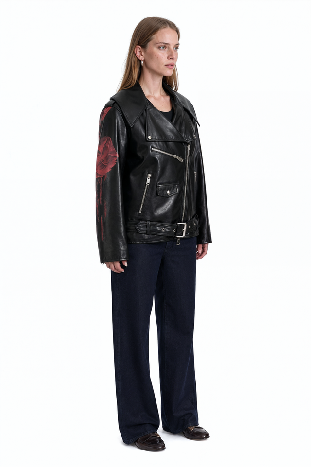 Side view of a Valentino oversized black leather moto jacket