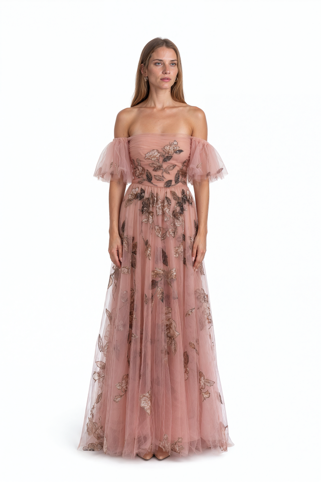 Valentino dusty rose tulle gown with metallic bronze florals and off-shoulder flutter sleeves – front view
