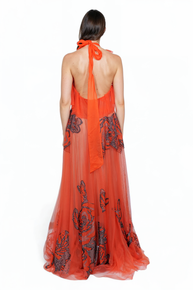 Valentino Embellished Tulle Gown with Butterfly Motif in Vibrant Orange