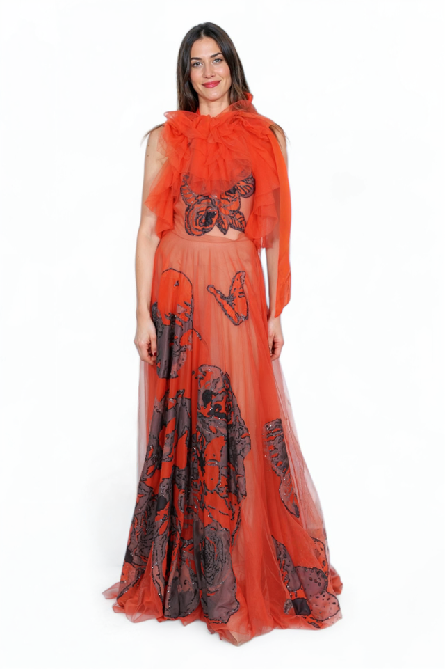 Valentino Embellished Tulle Gown with Butterfly Motif in Vibrant Orange