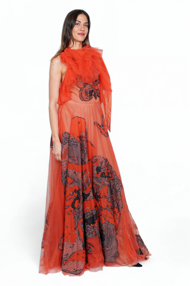 Valentino Embellished Tulle Gown with Butterfly Motif in Vibrant Orange