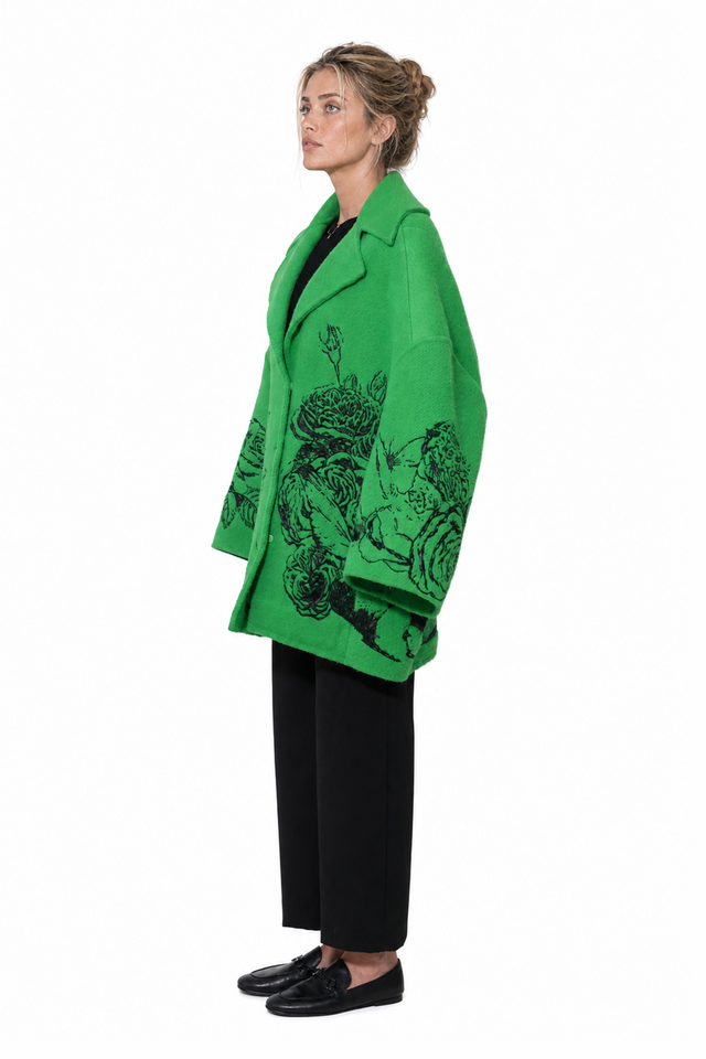 Valentino floral-graphic brushed wool-blend oversized coat in emerald green and black