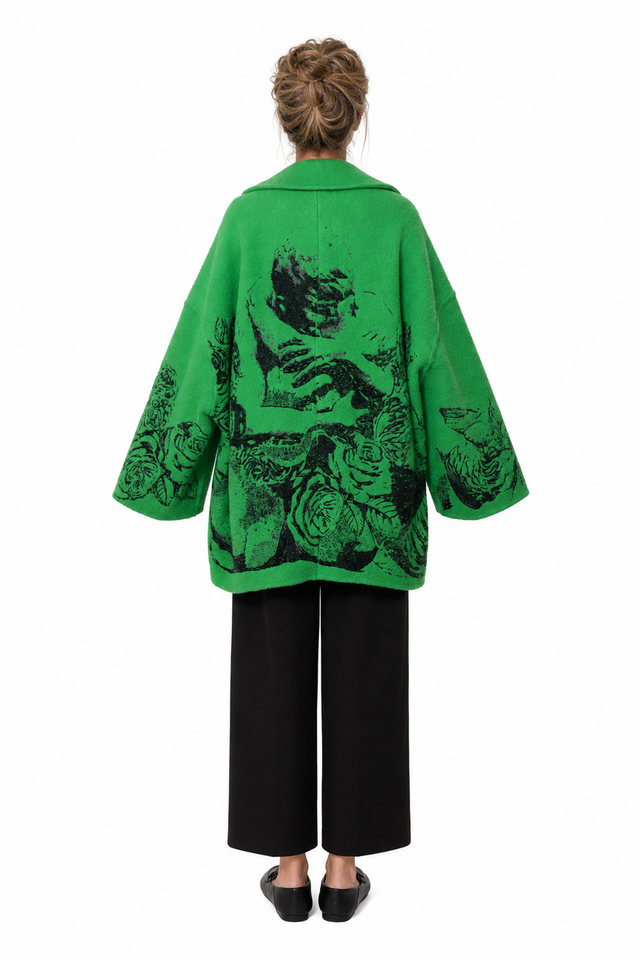 Valentino floral-graphic brushed wool-blend oversized coat in emerald green and black