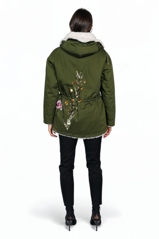 Valentino Floral-Embroidered Faux-Fur Lined Parka