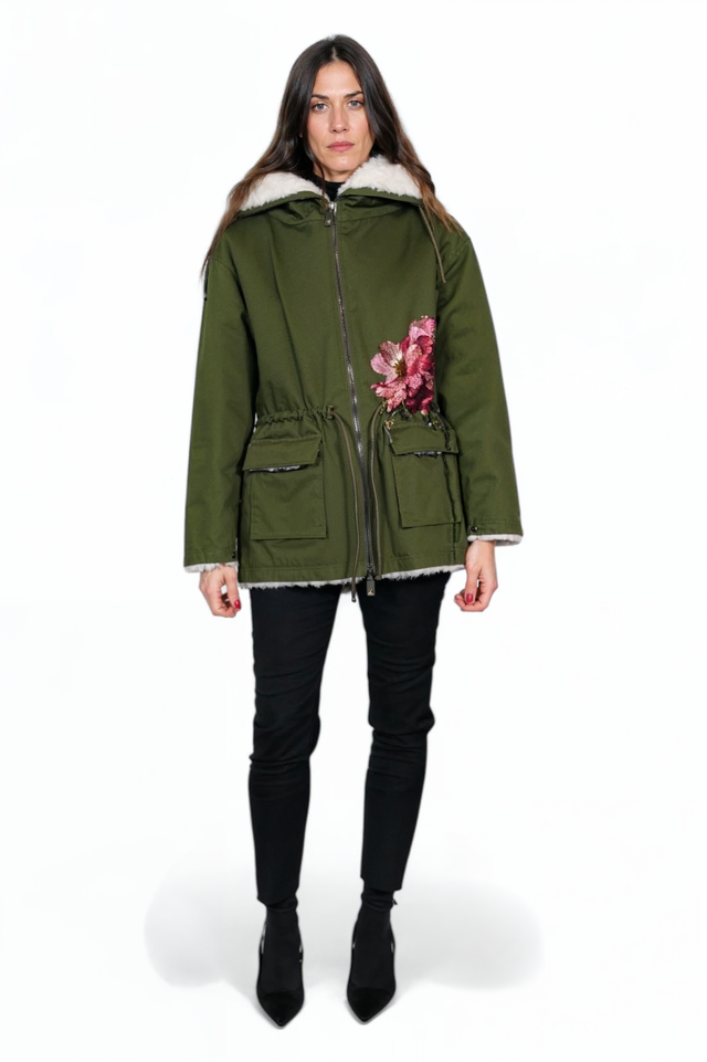 Valentino Floral-Embroidered Faux-Fur Lined Parka