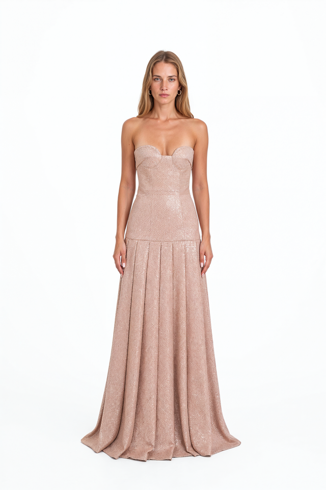 Valentino blush sequin gown with strapless sweetheart bodice and pleated drop-waist skirt – front view