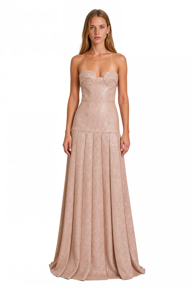 Valentino Sequin Strapless Gown – Blush Drop-Waist Pleated Maxi Dress
