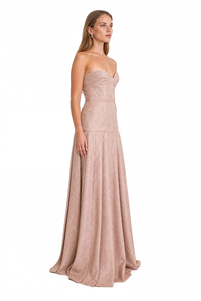 Valentino Sequin Strapless Gown – Blush Drop-Waist Pleated Maxi Dress