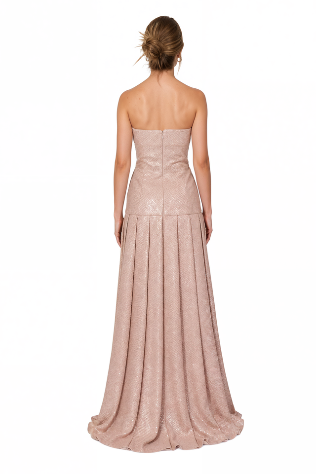 Valentino Sequin Strapless Gown – Blush Drop-Waist Pleated Maxi Dress