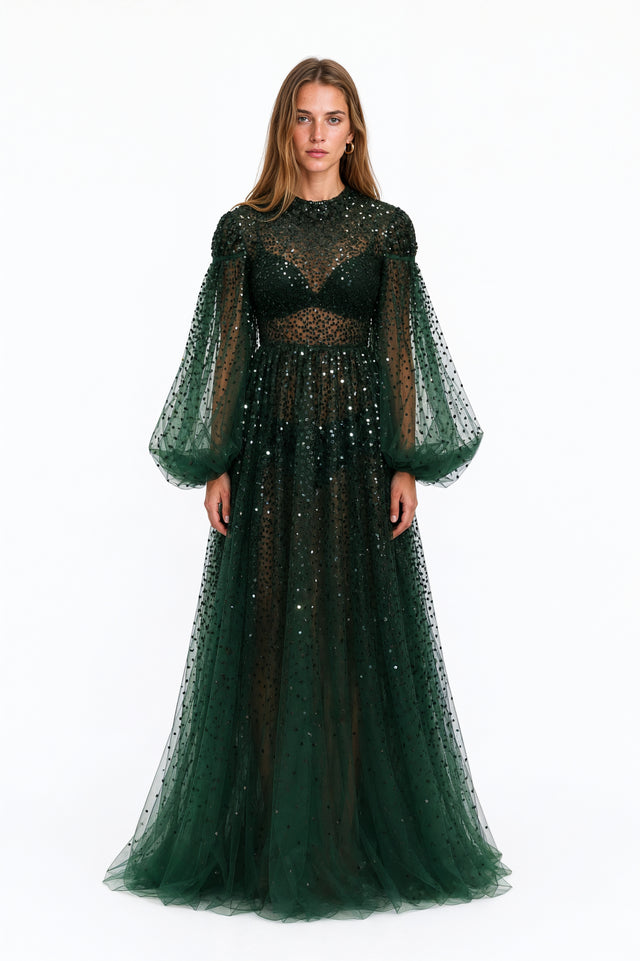 Valentino bottle green sequin tulle gown with high neckline and bishop sleeves – front view