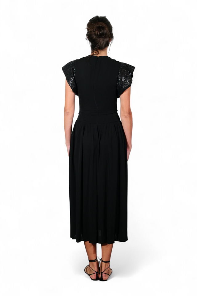 Valentino Sequin-Trim Flutter Sleeve Midi Dress — Black