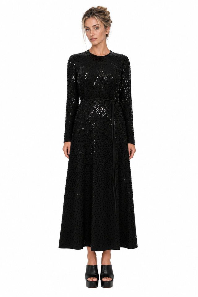 Valentino Sequined Belted A-Line Ankle-Length Dress in Black