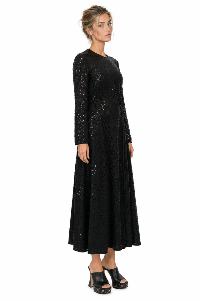 Valentino Sequined Belted A-Line Ankle-Length Dress in Black