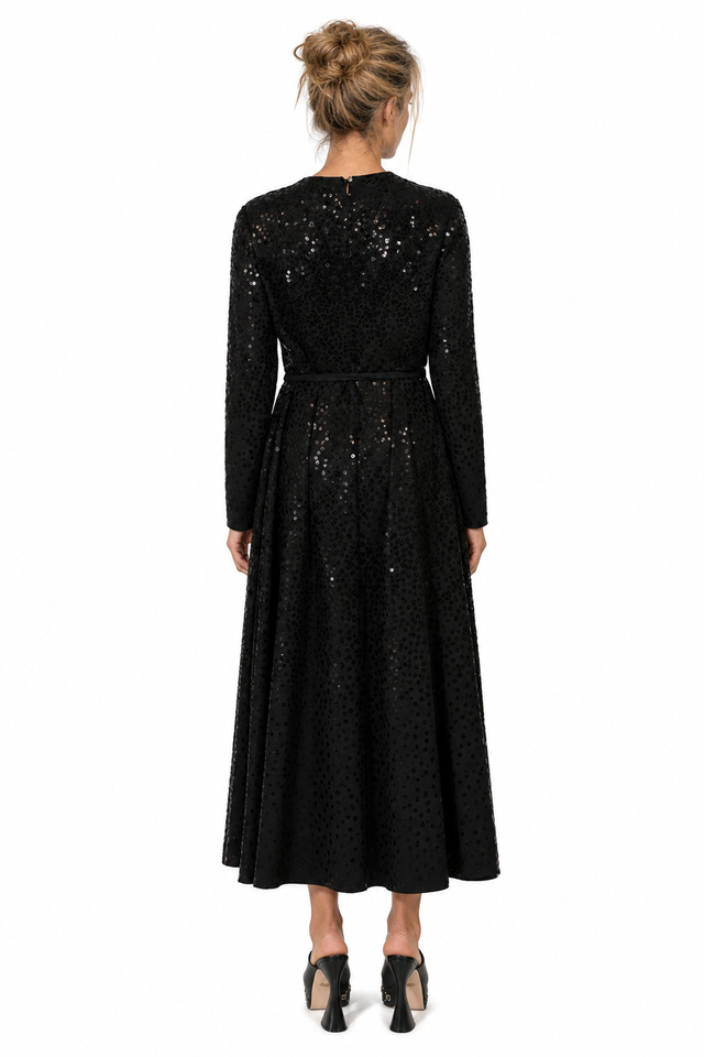 Valentino Sequined Belted A-Line Ankle-Length Dress in Black