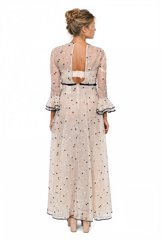 Valentino Polka Dot Silk Organza Maxi Gown in Beige & Black
