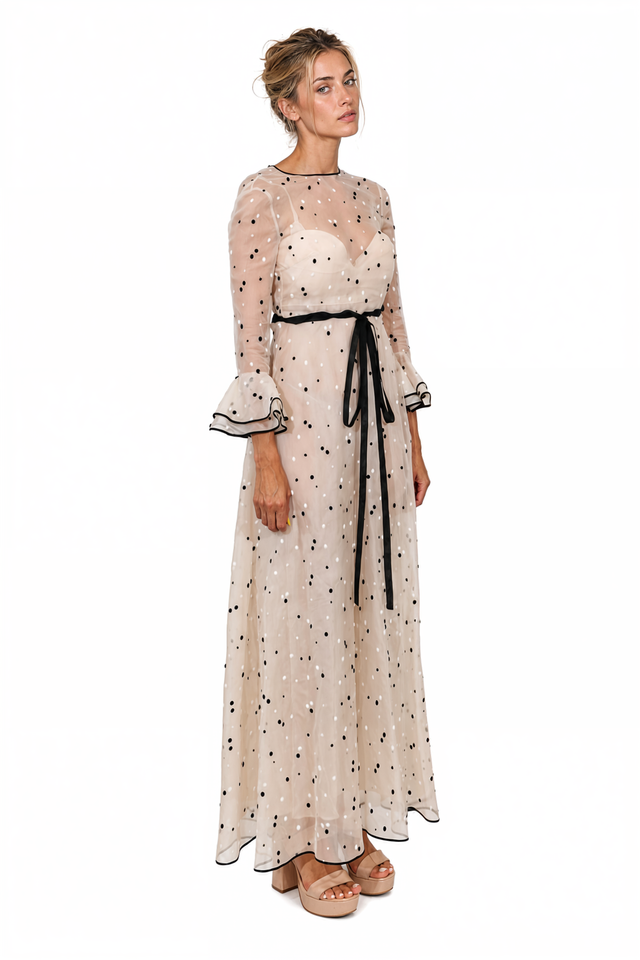 Valentino Polka Dot Silk Organza Maxi Gown in Beige & Black