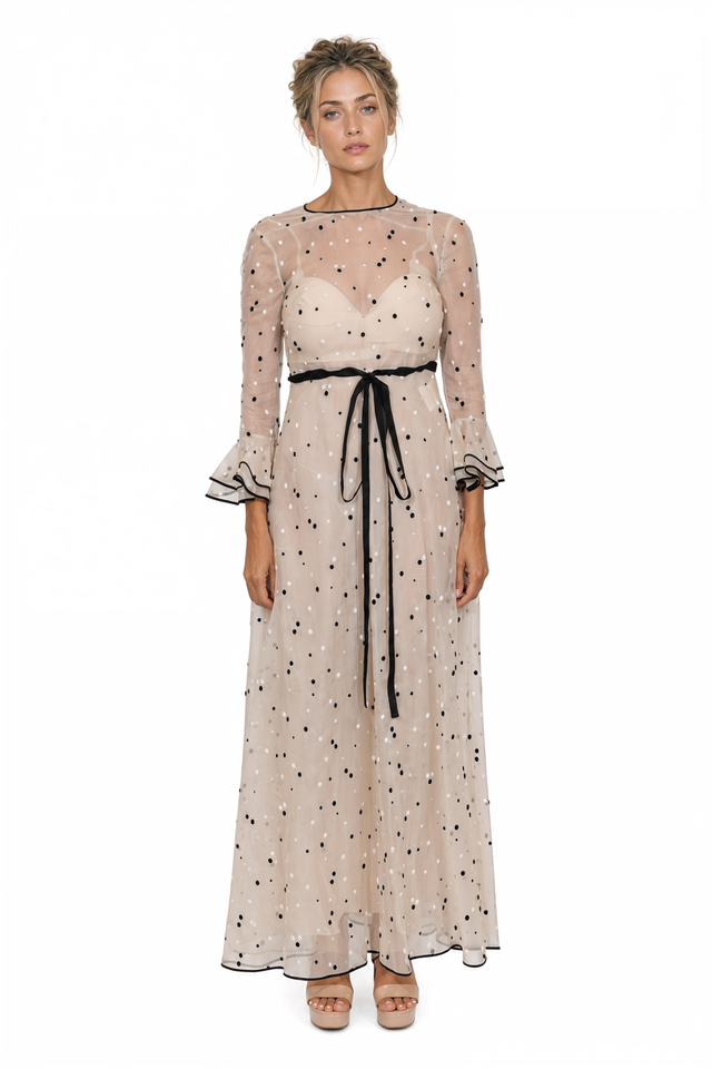 Valentino Polka Dot Silk Organza Maxi Gown in Beige & Black