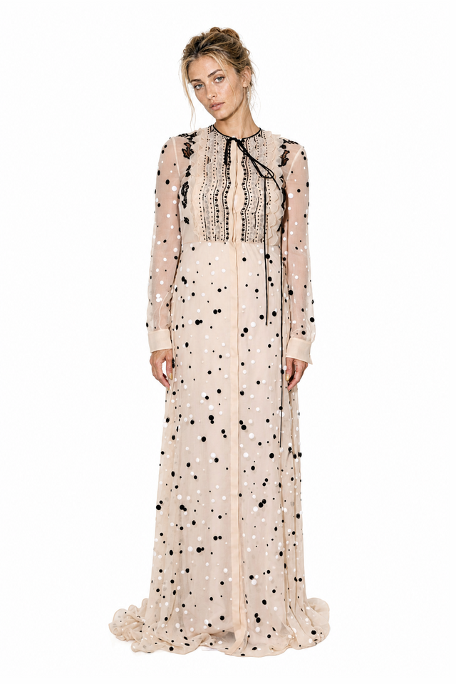 Valentino Women's Polka-Dot Sequined Chiffon Maxi Gown in Beige & Black