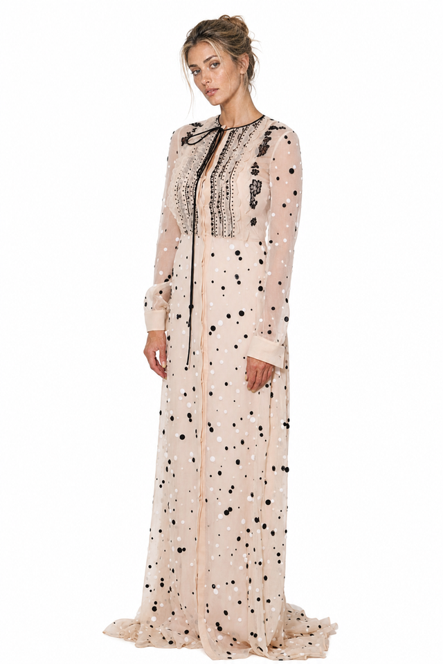 Valentino Women's Polka-Dot Sequined Chiffon Maxi Gown in Beige & Black