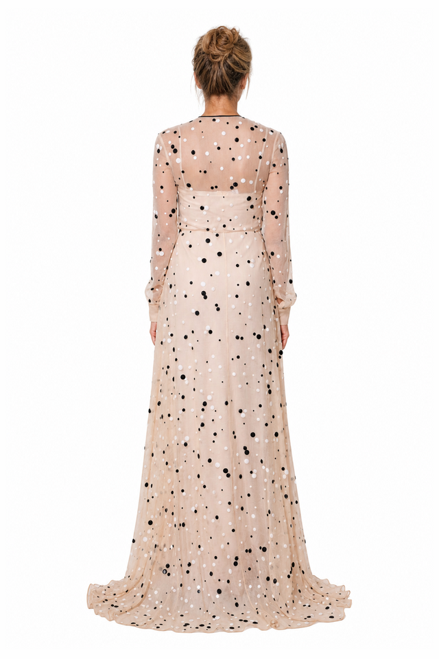 Valentino Women's Polka-Dot Sequined Chiffon Maxi Gown in Beige & Black